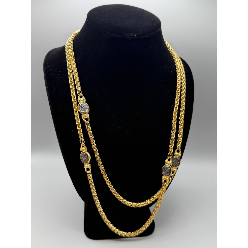 Vintage Gold Tone Multi Chain Necklace Roman Coin Medallion Dog Clip Clasp #1114